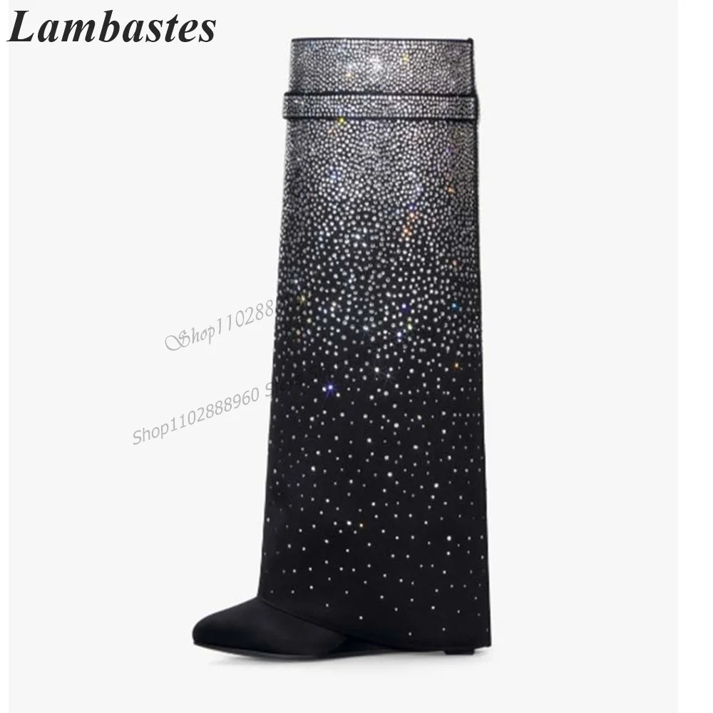 Western Gradient Color Crystal Lock Decor pantaloni Shark Boots zeppe tacco scarpe da donna Slip-On punta tonda 2023 Zapatillas Mujer