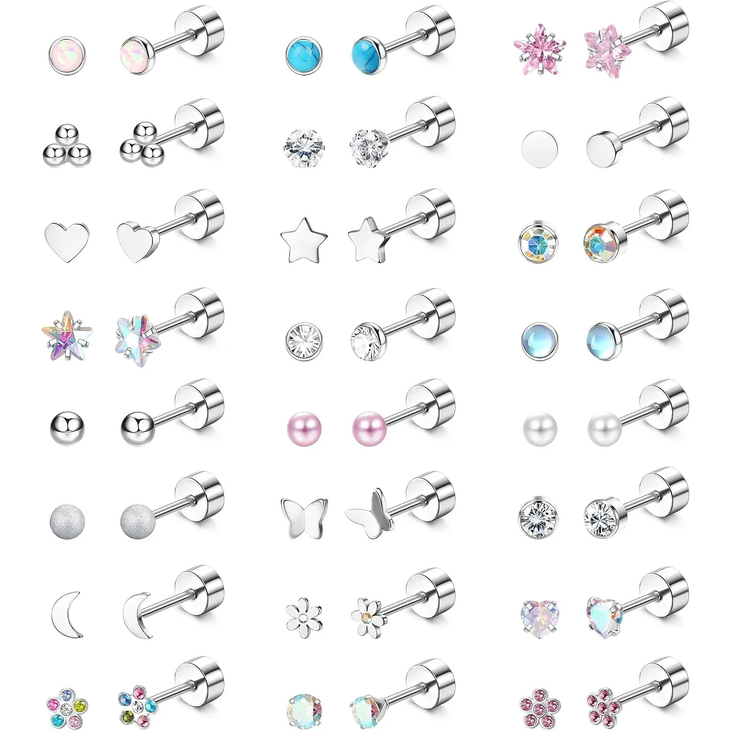 ORAZIO 1pc Surgical Steel Screw Back Flat Stud Earrings Hypoallergenic 20G CZ Cartilage Piercing Jewelry Multicolored For Women