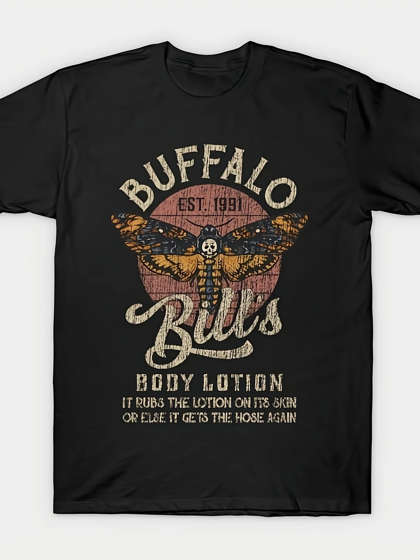Vintage Buffalo T-Shirt with a Striking Graphic Design - Black T-Shirt Featuring an Artistic Illustration of Moths and Skulls, Retro Aesthetic, with Est 1991 Print and Body Print Design T-Shirt, Eye-Catching Pattern, Perfect for Casual Wear, a Unique Addition to Your Wardrobe.