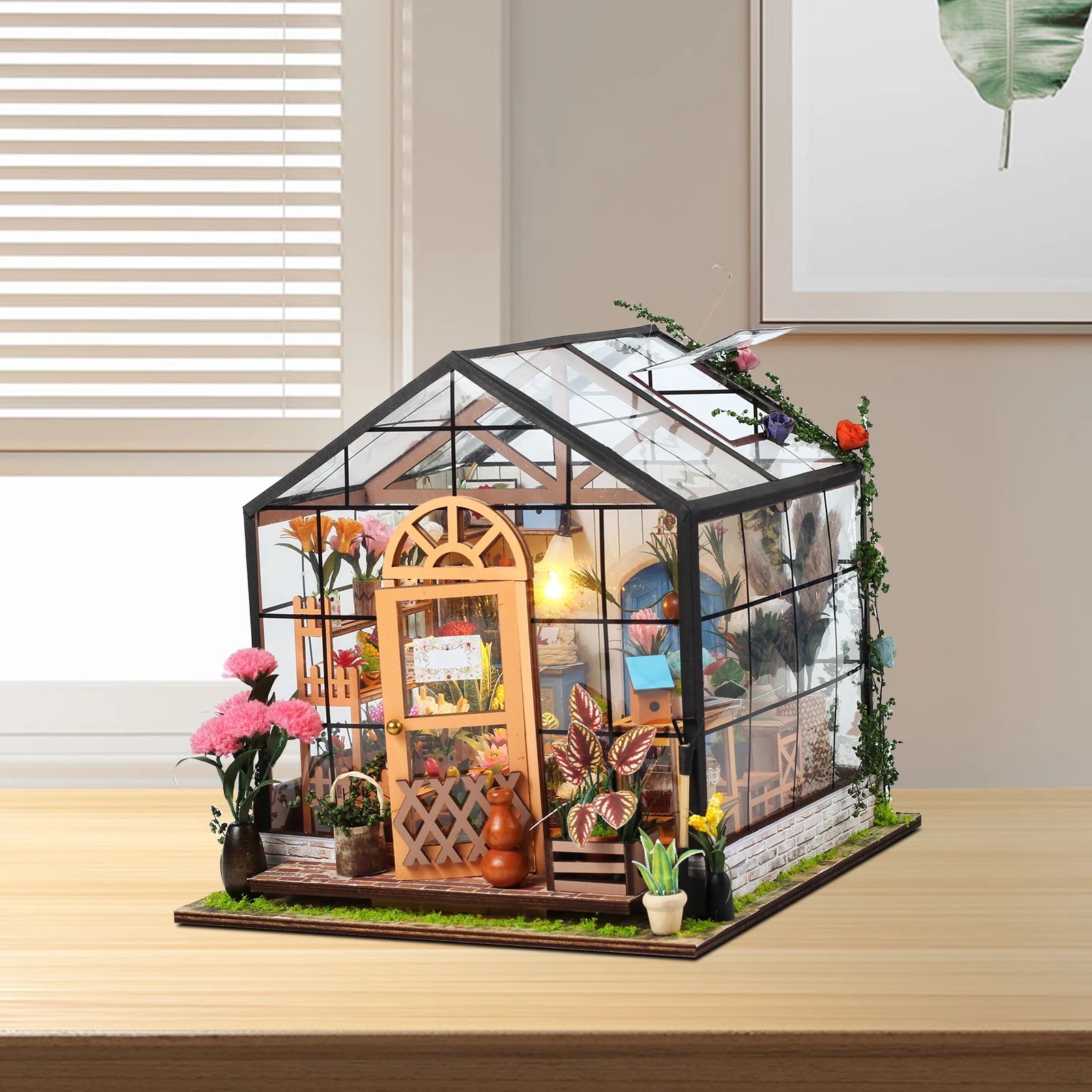 DIY Miniature Dollhouse Kit 1:24 Scale 3D Miniature Flower House Kit with LED Light Wooden Dollhouse Model Building Kits