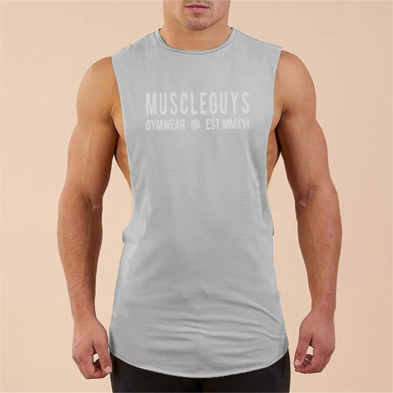 Men\'s Bodybuilding Muscle Training Sweatshirt Summer Cotton Sweat-Absorbent Fitness Sleeveless Tops Outside Running T-shirt