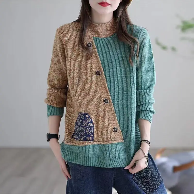 Vintage Autumn Winter New Sweaters Pullovers Women\'sMock Neck Contrast Color Patchwork Button Fashion Long Sleeve Knitted Tops