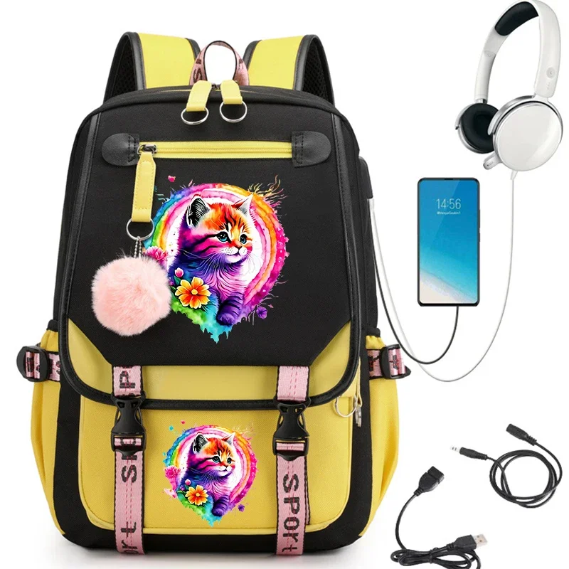 Bonito Floral Gato Imprimir Mochila para Meninas, Kawaii Mochilas Escolares, Bookbag Aquarela, Carregamento USB Mochila para Estudantes