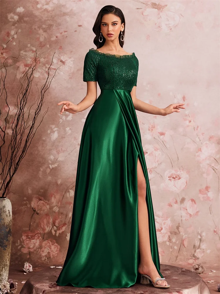 Vestido de noche con hombros descubiertos y lentejuelas verdes de lujo para mujer, vestido de satén para fiesta de boda, graduación hasta el suelo, cóctel y graduación, 2025
