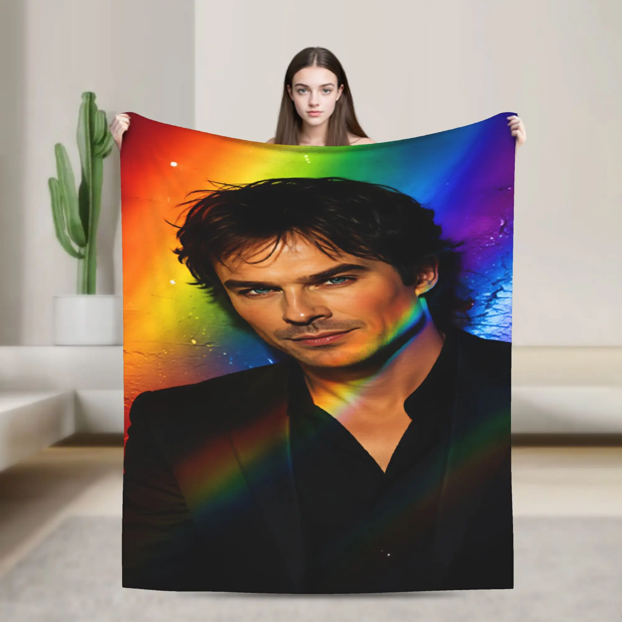 Damon Salvatore Rainbow Blanket Quality Super Soft  Throw Blanket Winter Travel Bedroom Aesthetic Bedspread
