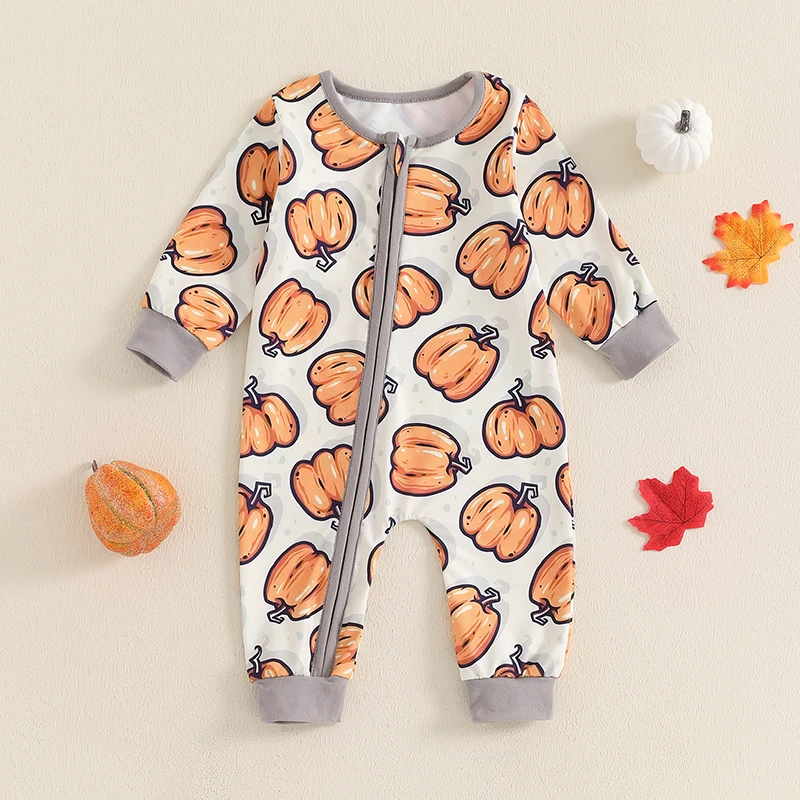 Baby Halloween Romper Pumpkin Print Hidden Zipper Long Sleeve Crew Neck Full Length Jumpsuit