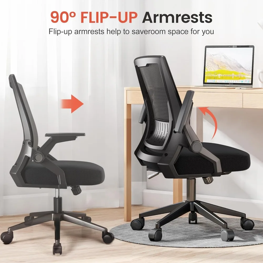 Office Chair with Flip-up Armrests Ergonomic Computer Desk Chair with Wheels Adaptive Lumbar Support Swivel Tilt Foldable