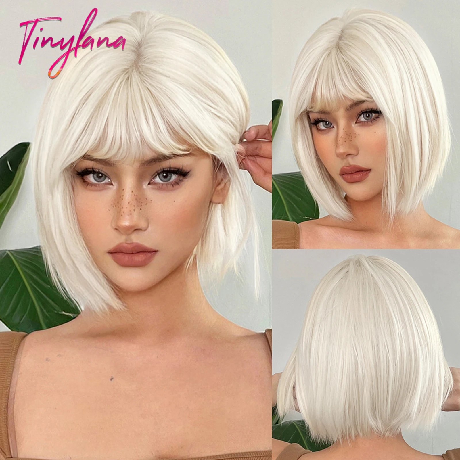 Platinum Blonde Short Bob Synthetic Hair Wigs with Bang White Straight Lolita Layered Wig for Women Cosplay Daily Heat Resistant