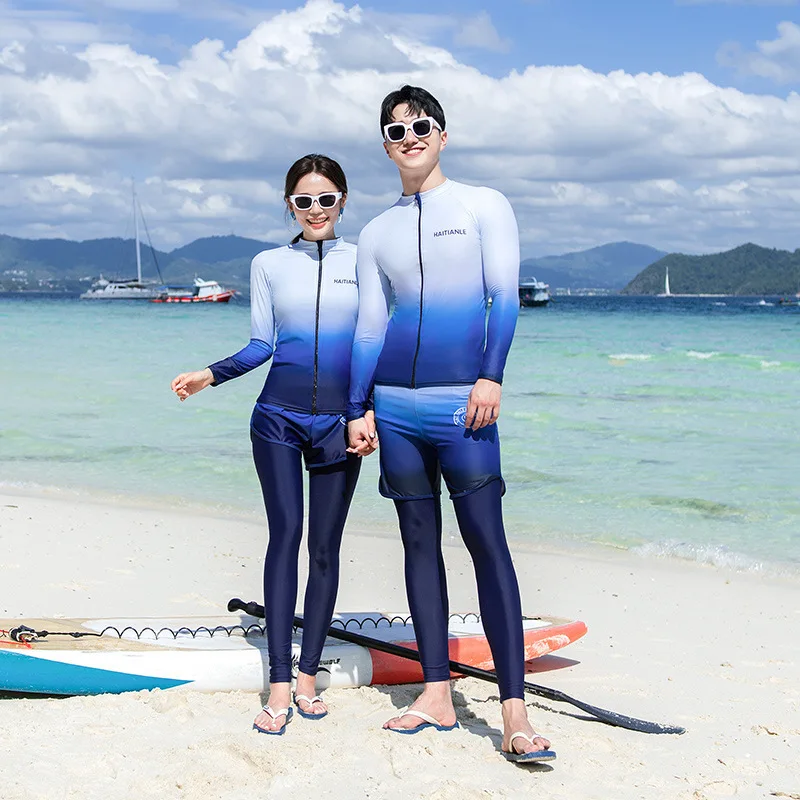 Women Men's 3-5 Piece Rash Guard Gradient Blue Long Sleeve Sports Swimsuit Bathing Suit Shorts Pants Wetsuit Beachwear Tracksuit