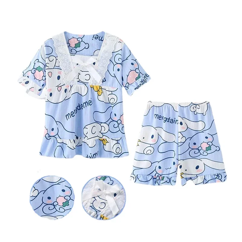 Sanrio kawaii children's pajamas, short-sleeved parent-child clothing, summer cartoon kuromi cinnamoroll home service set gift