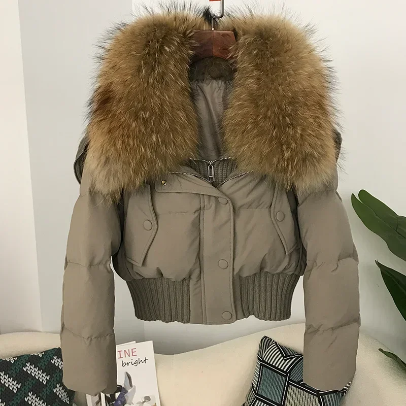 Fönyour neue natürliche echte Waschbär Pelz kragen Winter Frauen weiße Ente Daunen kurze lose Jacke weibliche dicke warme Oberbekleidung