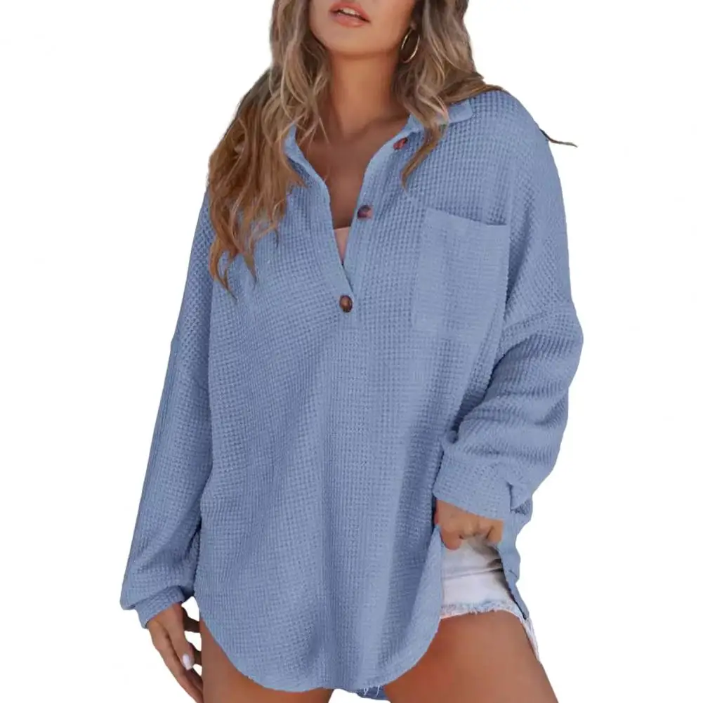 Women T-shirt Long Sleeve Lapel with Buttons Neckline Patch Pocket Loose Solid Color Tee