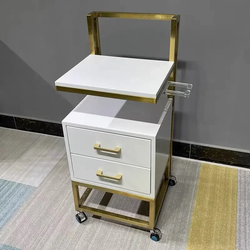 Best Selling Salon Beauty Trolley White MDF and Gold Metal Style Salon Furniture Hand Carts Trolleys for Sale salon trolley