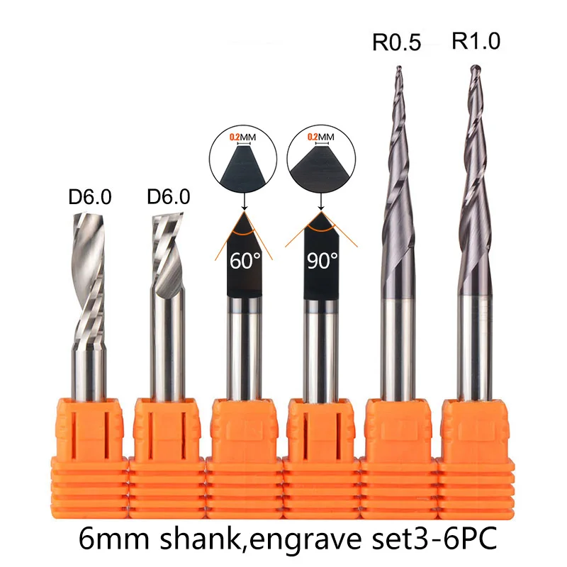 CNC Solid Carbide engraving bits milling cutter woodwork set 6mm shank router bits for carving wood tools