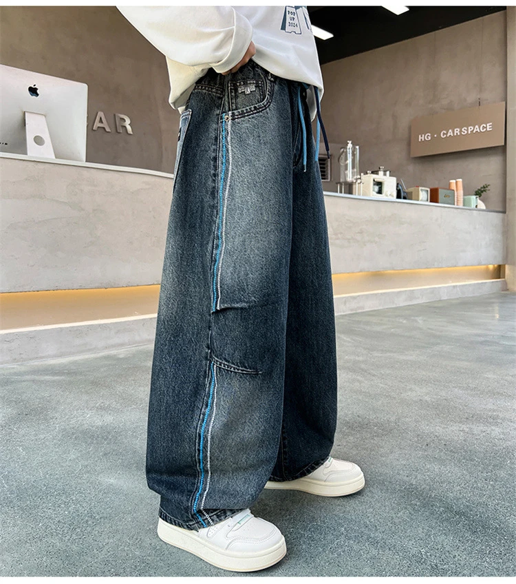 Boys Spring Autumn Baggy Wide Leg Jeans Vintage Loose Denim Trousers Kids Casual Streetwear Pants For 5‑14Y