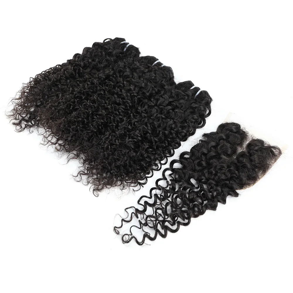 มองโกเลีย Afro Kinky Curly 3 รวมกลุ่มกับ 4X4 มือผูกลูกไม้ปิดบราซิลผมมนุษย์ Deep Curly Bundles ปิด