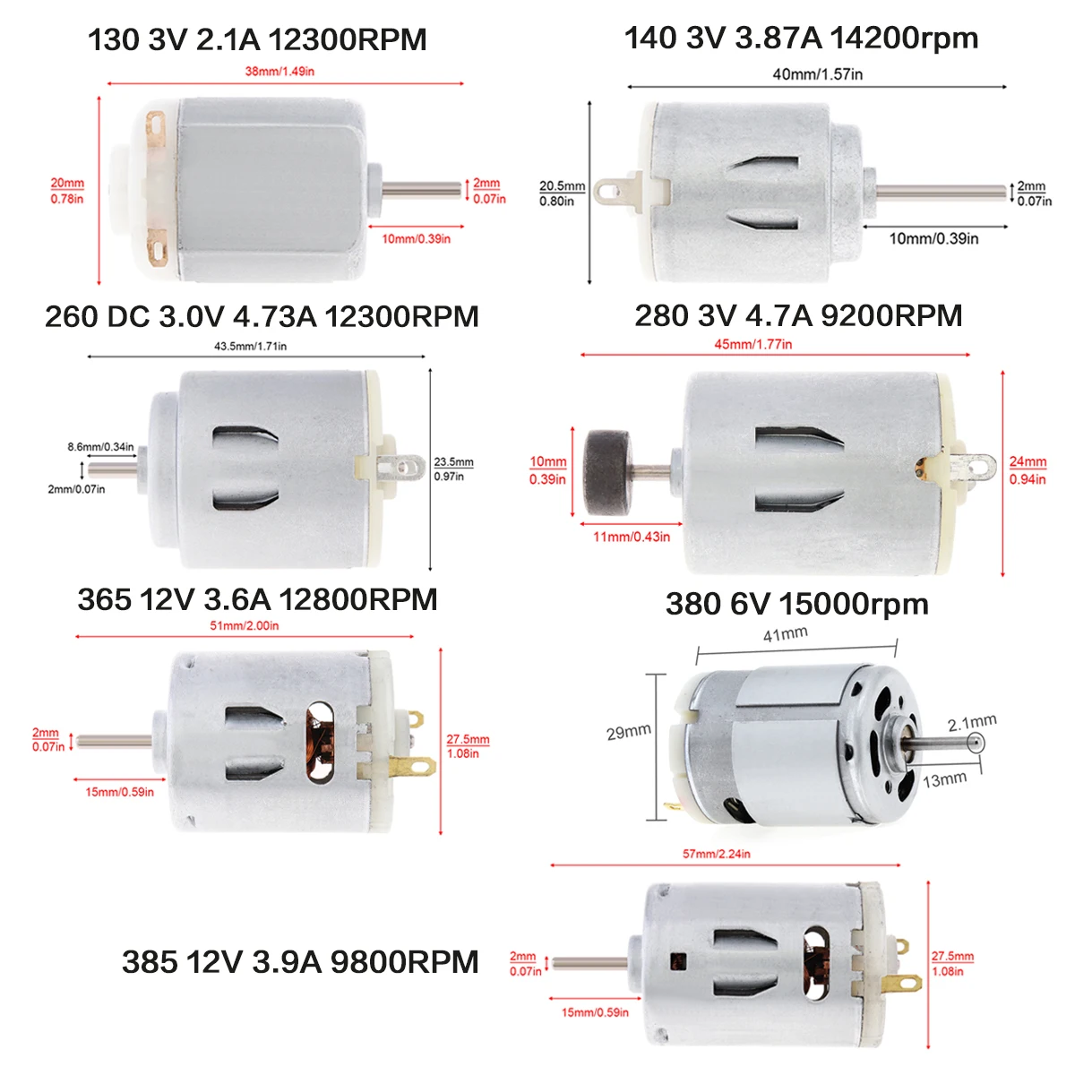 Motor eléctrico de cepillo de carbono de alta velocidad para secador de pelo, Mini Micro Motor RS365 DC 3V, 6V, 12V, 130, 260, 280, 380, 385