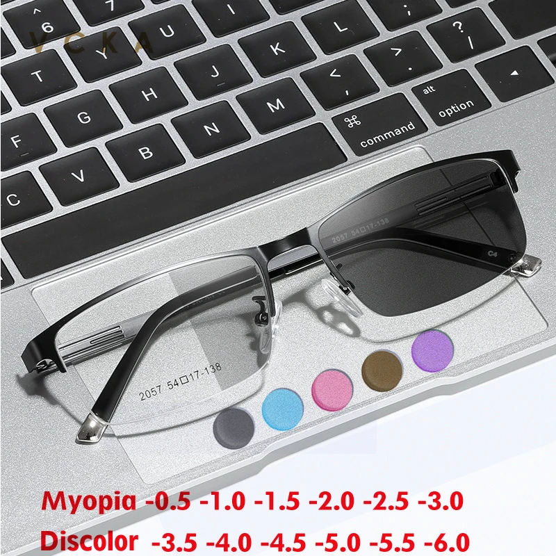 VCKA Photochromic Myopia Glasses Prescription -0.5 to -6.0 Women Men Business Titanium Alloy Half-Frame Anti Blue Ray Eyewear