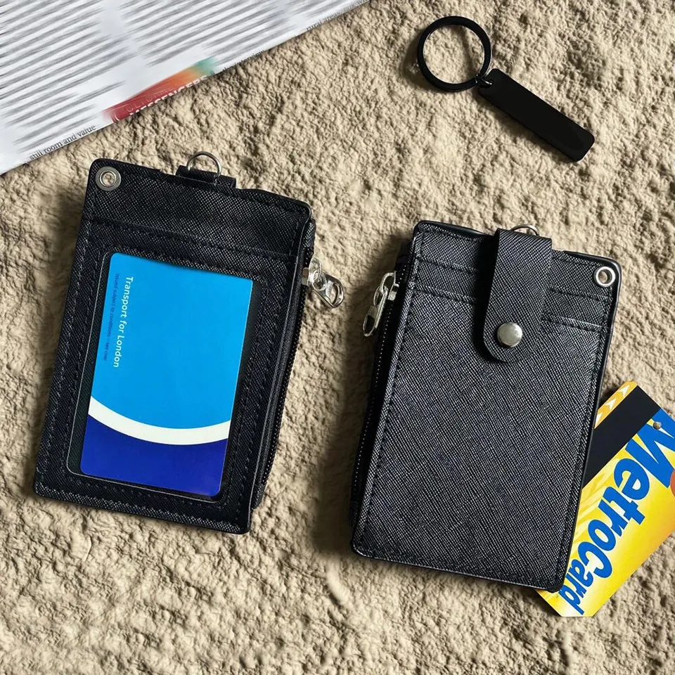 ID Card Holder Zipper Pocket 2 Sided 5 Cards Slots Keychain