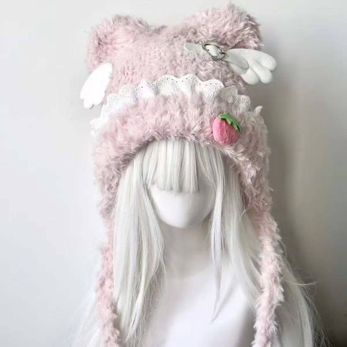 Y2K Girl Harajuku Gothic Lolita Cat Ear Hat Women Punk Designer Pink Strawberry Beanie Hat Streetwear Accessories Cap
