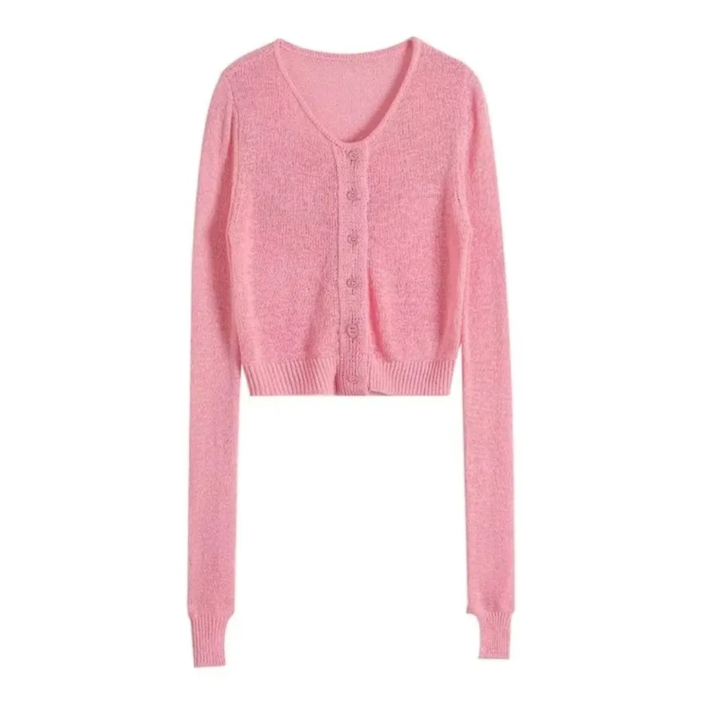 

Women's Solid Color Knitted Cardigan round Neck Single-Breasted Short Navel Long Sleeve Fashion Top for Early Autumn
