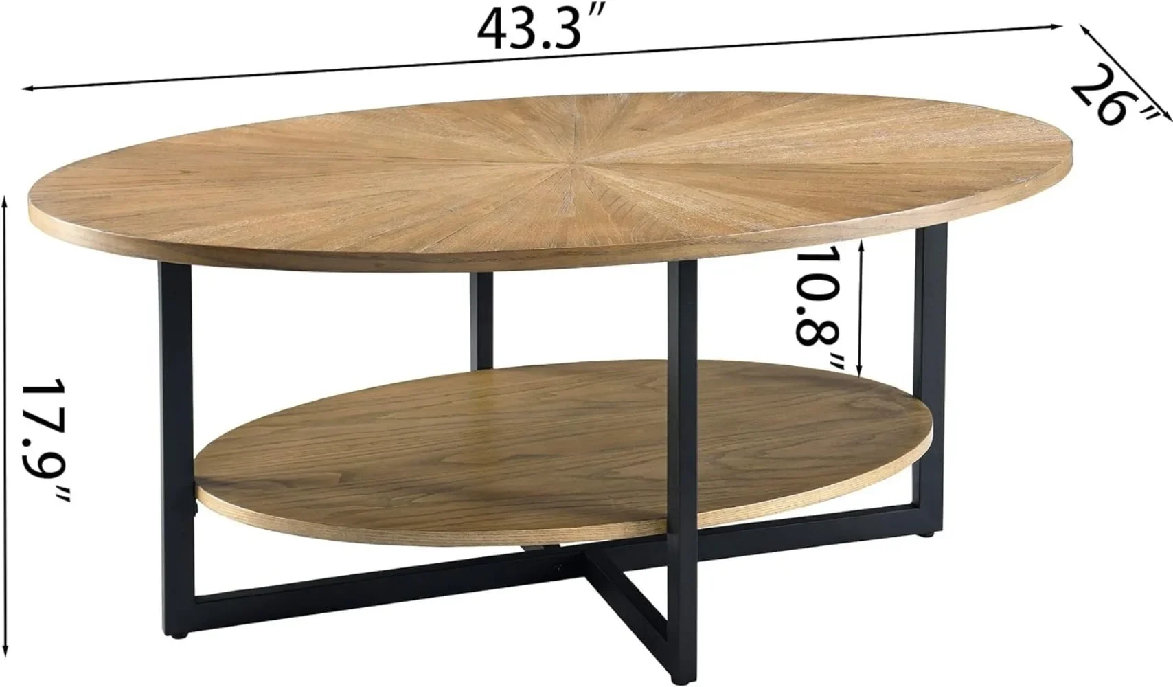 Solid Wood Oval Coffee Table with Cross Metal Legs 43.3in Modern Industrail Center Table with Open Shelf Cocktail Tea Table