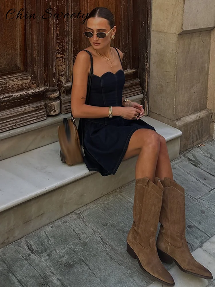 Fashion Short Denim Pleated Dress Women Solid Sleeveless Backless Zipper A-line Sling Dresses 2025 Summer Lady Chic Streetwears