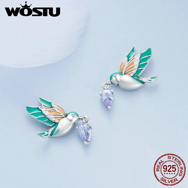 WOSTU 100% 925 Sterling SilverKingfisher  Stud Earrings For Women Wedding Fashion Anniversary Jewelry