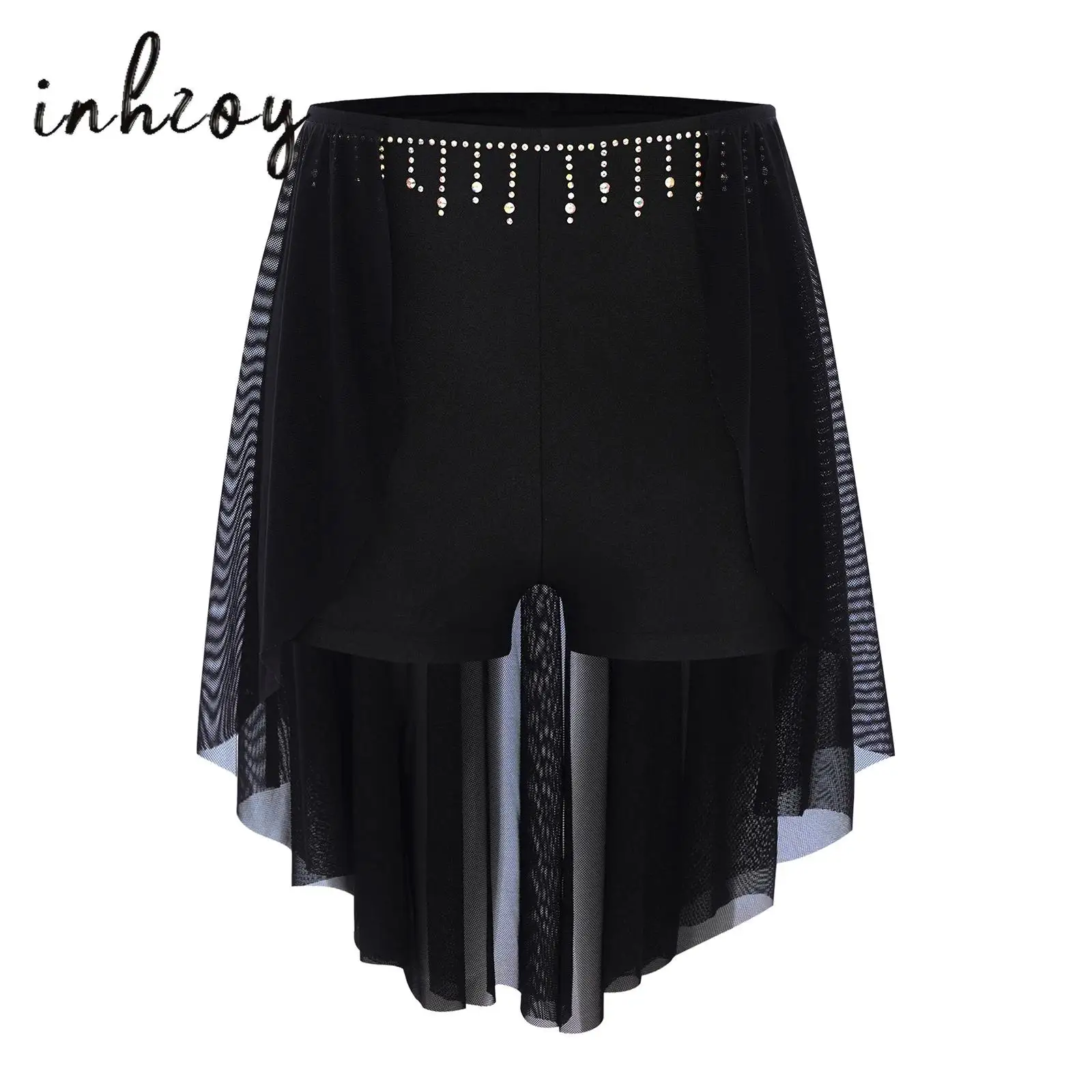 

Kids Girls Lyrical Dance Skirts Figure Ice Skating Ballet Dancewear Sparkly Rhinestones Asymmetric Open Front Mesh Short Skirts