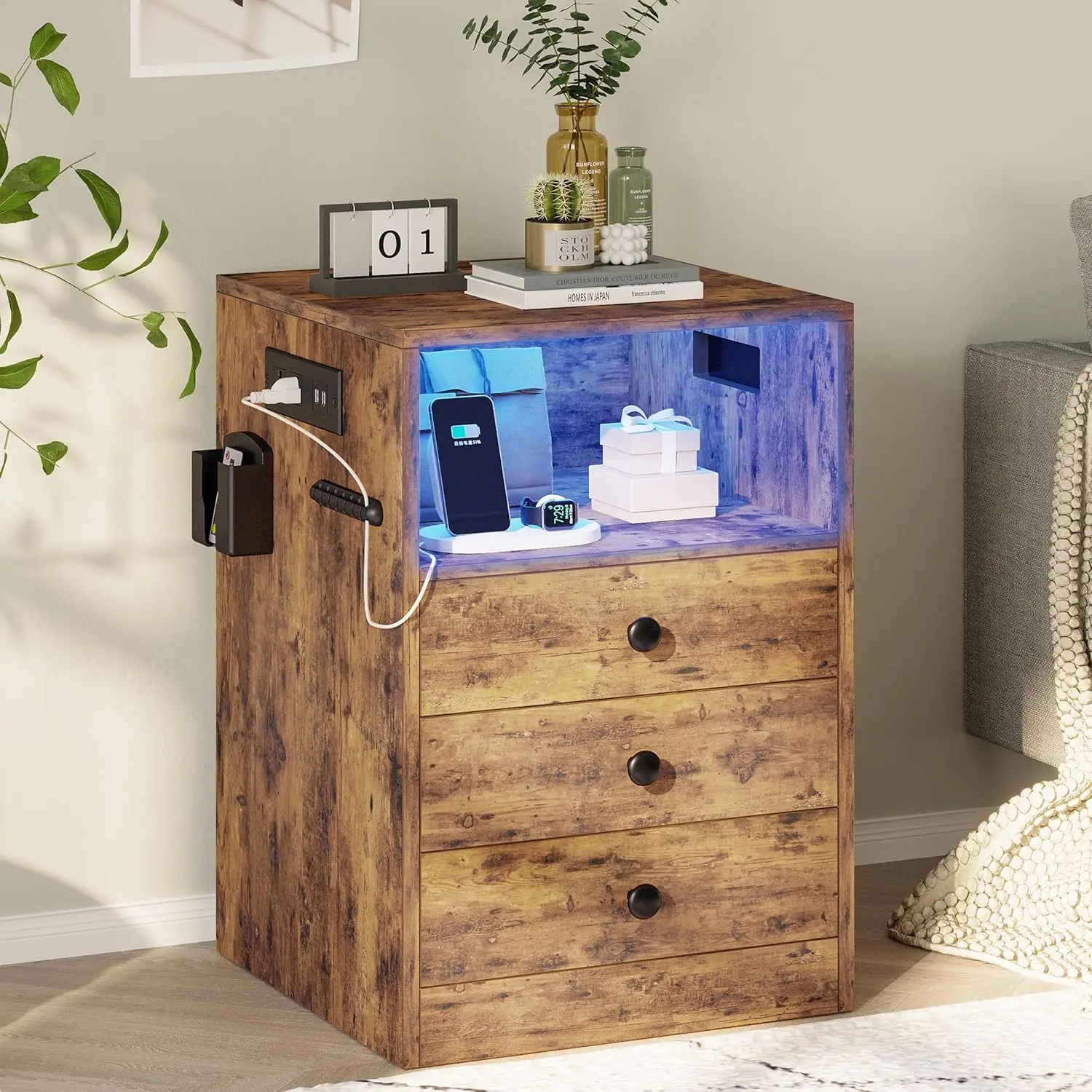 Nightstand with Charging Station and 3 Drawers, LED Lights End Side Table with Interchangeable sockets and Hooks, Vintage Brown