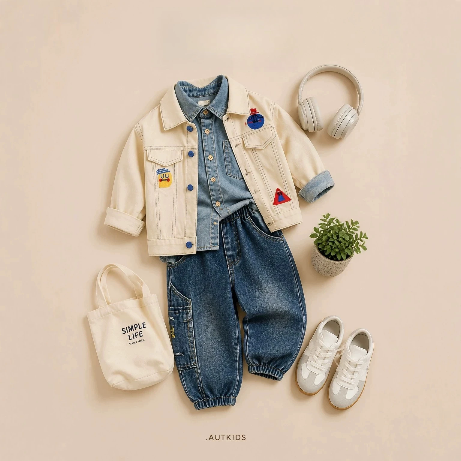 Kids Causal Coat Base Layer Sets 2026 New Korean Apricot Cartoon Shirt Coat and Lapel Single Breast Denim Shirt Two Price Sets