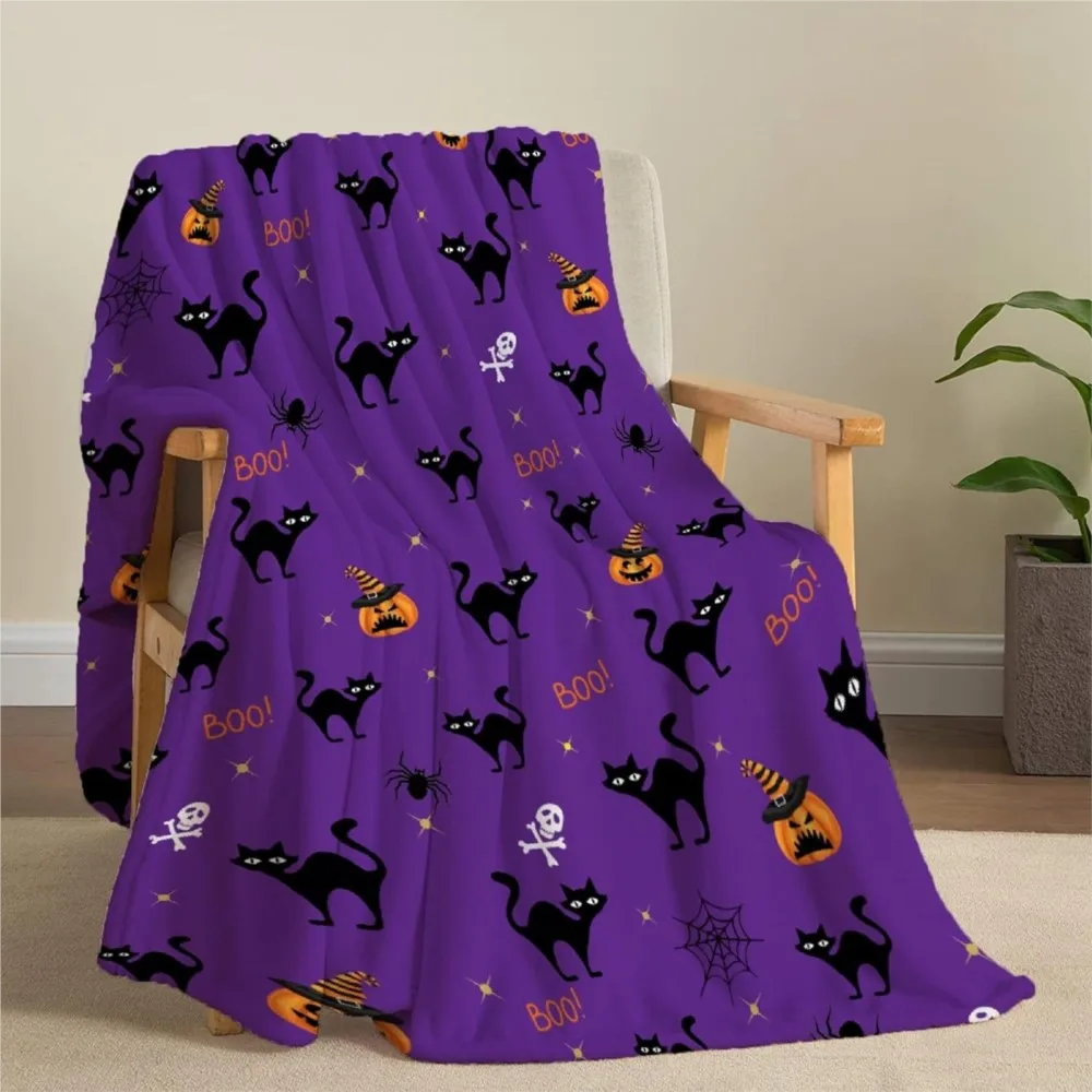 1PC Halloween Throw Blanket Black cats Pumpkin Skull Bats Witch Thin Blanket Gifts for Couch Bed Car Home Camping all season use