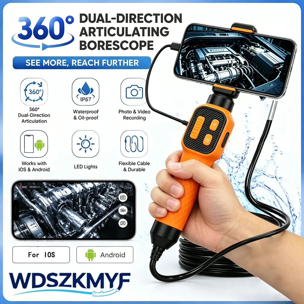 1080P 360° Bidirectional Articulating Endoscope, IP67 Waterproof Oil-Proof Borescope Zero Lag for IOS Android Auto Inspection