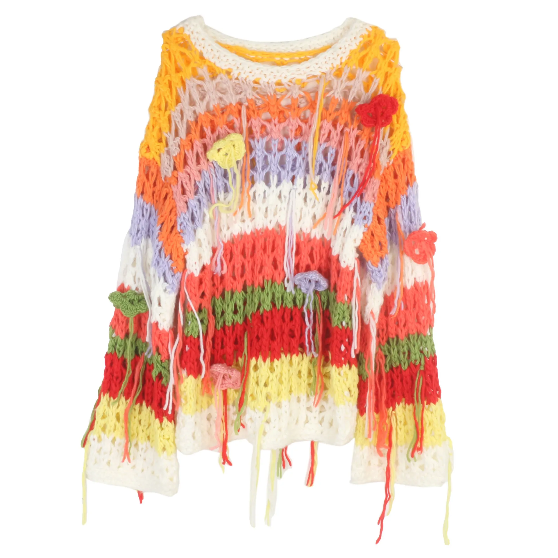 

Осень-зима 2025 свитер в радужную полоску, пуловер, топ, вязаный женский вязаный свитер ручной работы с цветочным принтом, свободный свитер с длинными рукавами