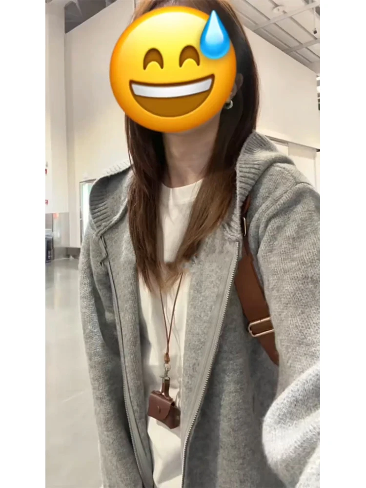 

Laid-ba Vintage Hooded Knitted Open Cardigan Men's Autumn Winter Loose Double Zipper Jaet Sweater High-End Feeling