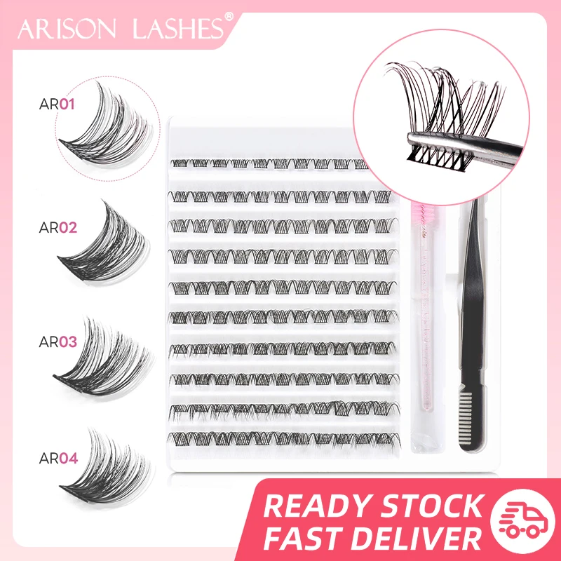 ARISON DIY Lashes Extension Kit With 110 PCS Segmented Bundles Premade Eyelash 10 Rows Cluster Eyelash Extension Tweezers+Brush