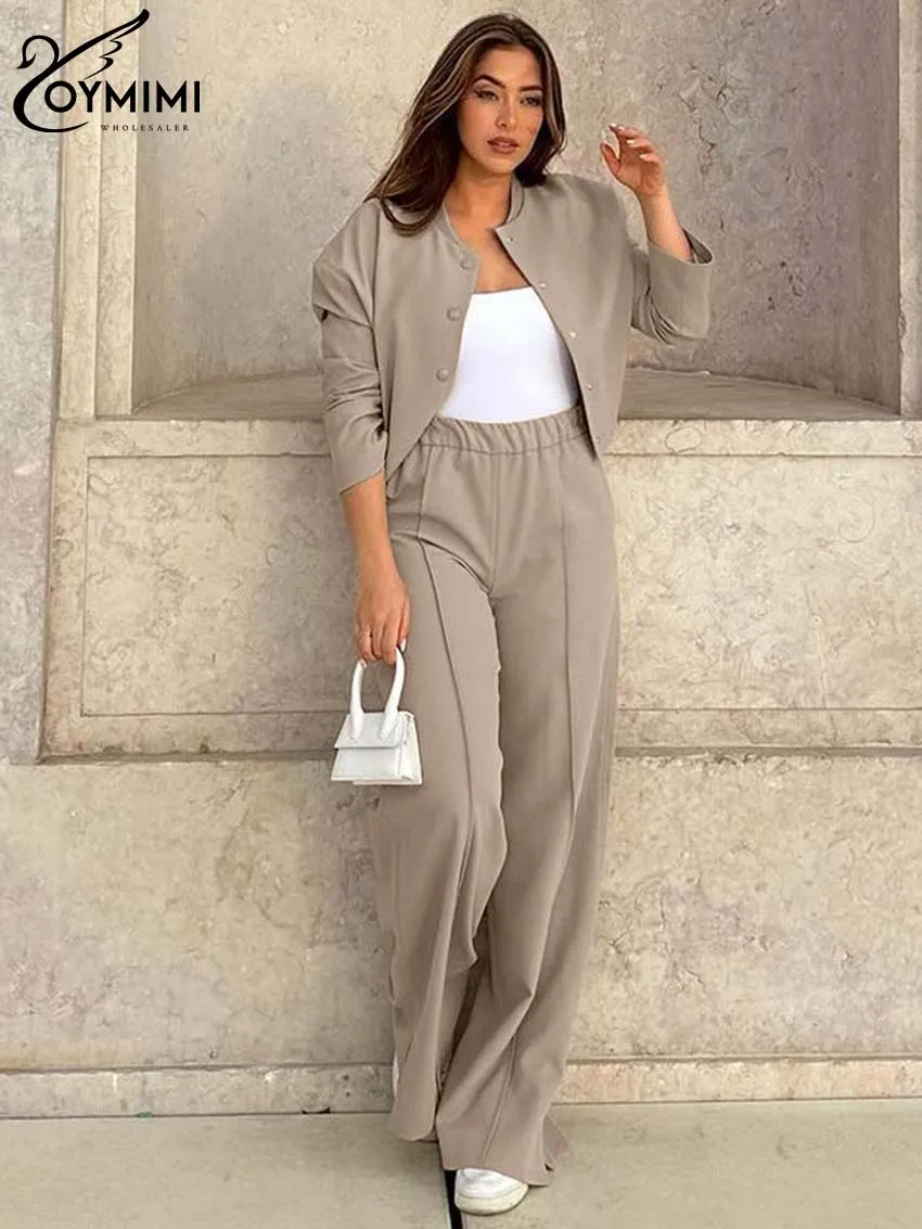 Oymimi Fashion Khaki Loose 2 Peice Set Woman Casual O-Neck Long Sleeve Shirts And High Waist Side Slit Trousers Sets Streetwear