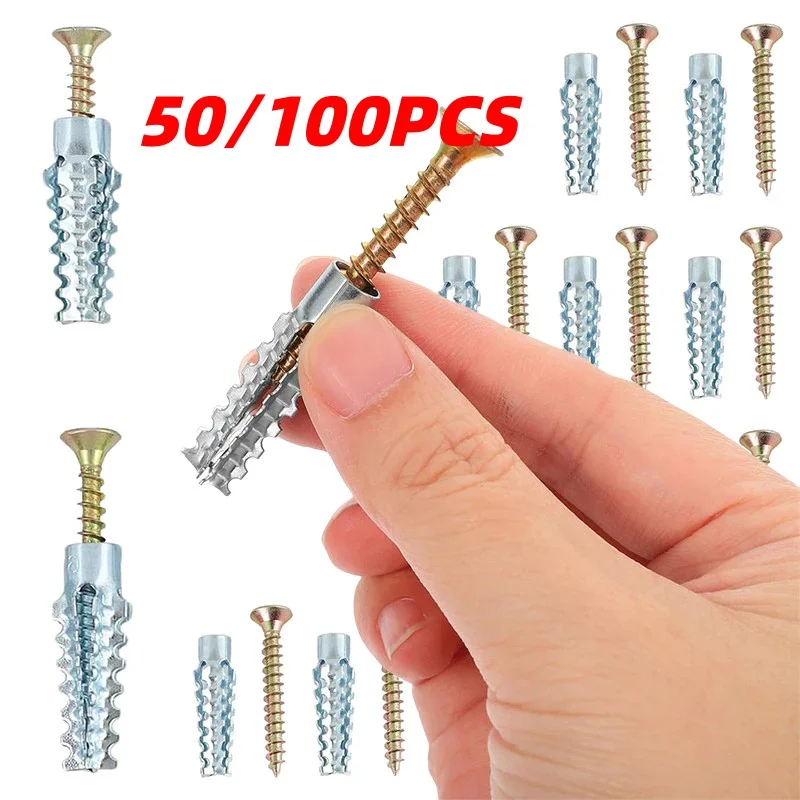 50/100PCS Metal Serrated Expansion Screws Wall Anchor Self Tapping Screw Drilling Plug Concrete Wall Fasteners Bolt Kit