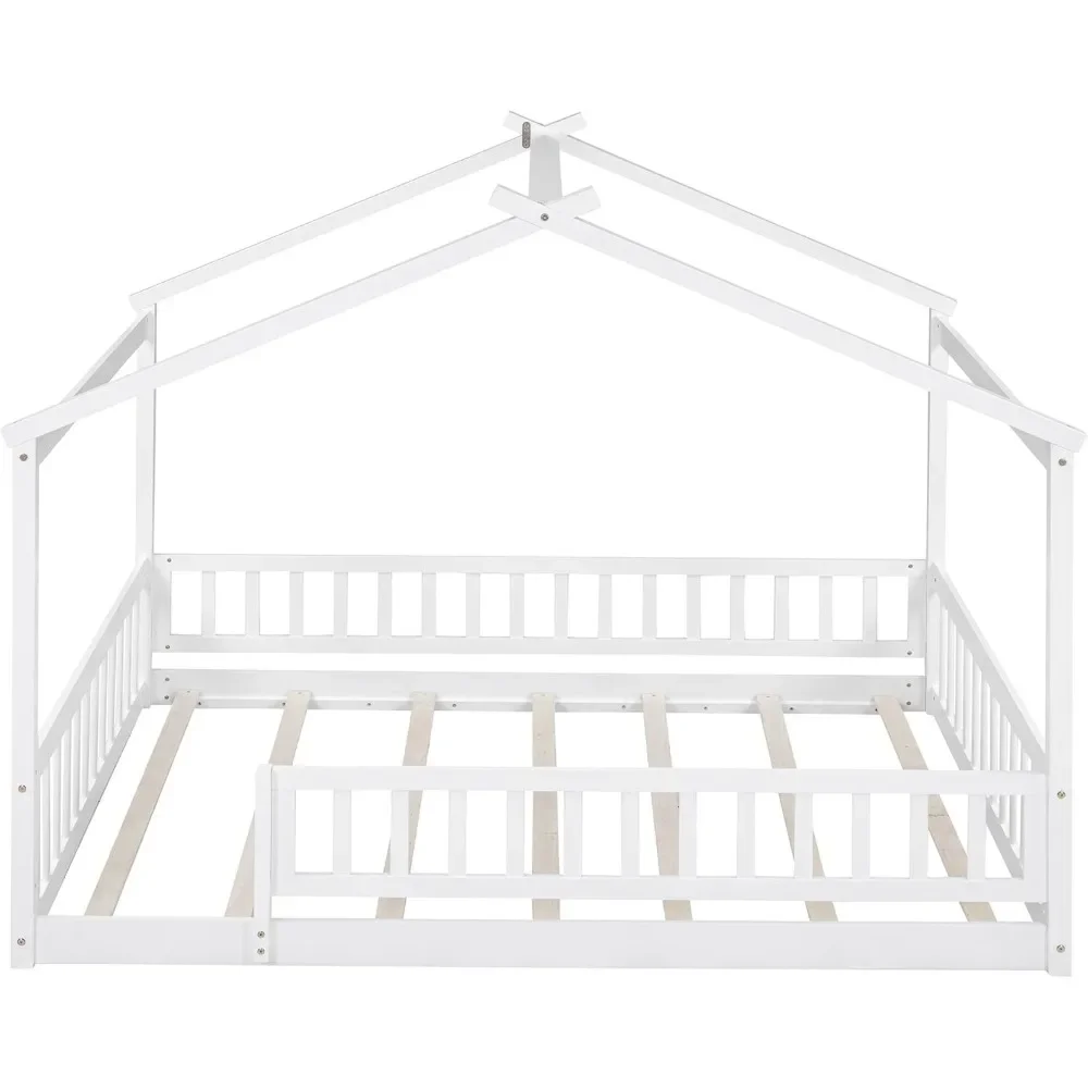 Tempat Tidur Rumah Tempat Tidur Lantai Ukuran Penuh dengan Pagar Pagar, Rangka Tempat Tidur Kayu Gaya Montessori untuk Anak-anak, Tempat Tidur Playhouse Menyenangkan untuk Anak Perempuan Laki-laki