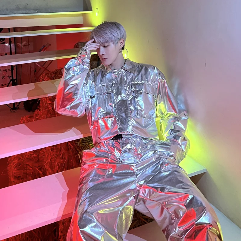 

Silver Mirror Fini Laser Suit Jaet Metal Texture Stage Performance Outfit ex Evening Par One-Piece Suit Menswear