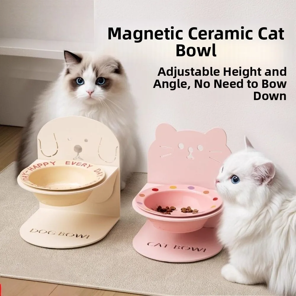 

Anti Vomiting Ceramic Cat Bowl Inclined Anti Slip Elevated Cat Water Bowl Neck Protection Adjustable Height Pet Feeding Dish
