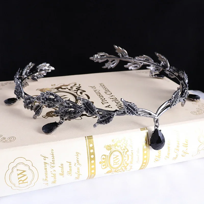 Vintage Bronze Emerald Green Fairy Crown Tiaras Crystal Leaves Elf Tiara Bandana Hair Accessories for Women Costume Hair Jewelry