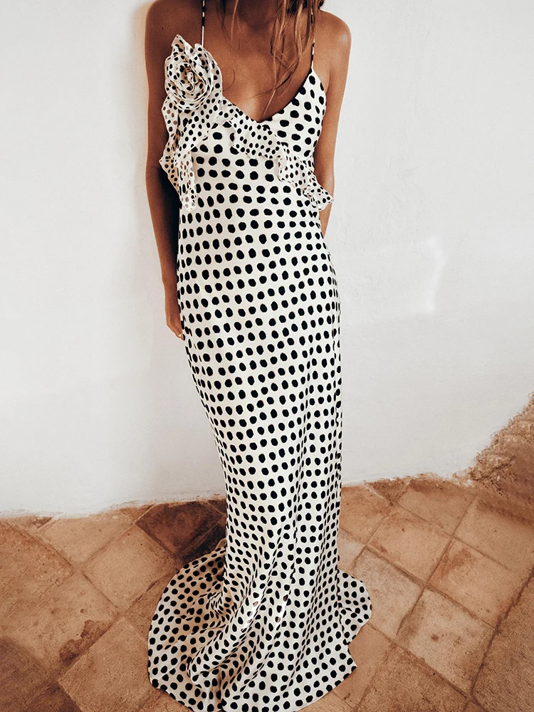 JULISSA MO seksowny nadruk z odkrytymi plecami kropki kwiat kobiety Maxi sukienka Spaghetti pasek suknia wieczorowa jesień Skinny elegancka odzież klubowa
