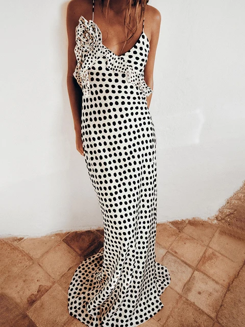 JULISSA MO seksowny nadruk z odkrytymi plecami kropki kwiat kobiety Maxi sukienka Spaghetti pasek suknia wieczorowa jesień Skinny elegancka odzież klubowa