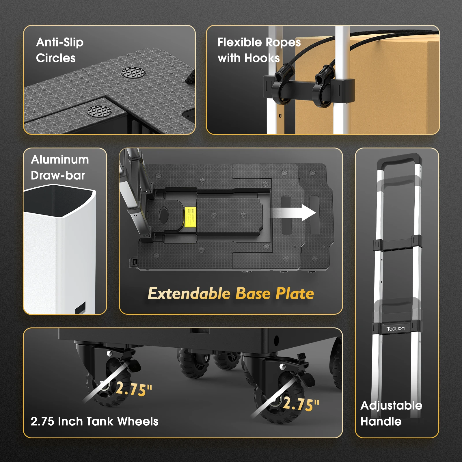 TOOLIOM 600LB Folding Hand Truck, Heavy Duty Collapsible Dolly Cart with 7 Wheels & Extendable Base