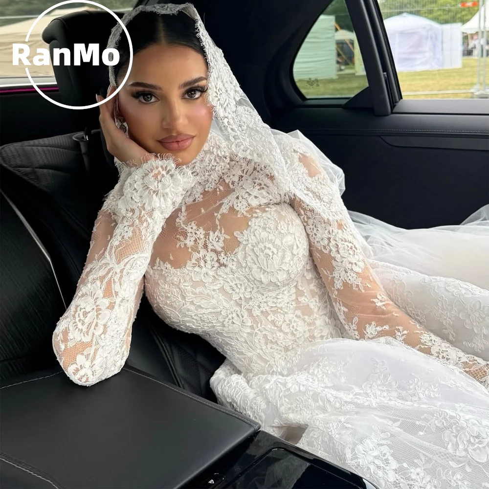 Ranmo Elegantes Hochgeschlossenes Weißes 2026 Hochzeitskleid A-Linie Spitze Lange Ärmel Schleppe Vestidos Novias Boda Maßgeschneidertes Brautkleid