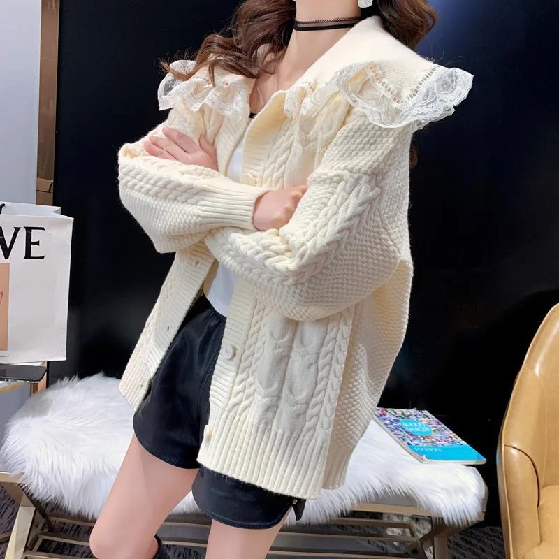 2023 New Versatile Autumn Winter New Doll Neck Sweater Coat Women\'s Loose Versatile Korean Version Lazy Fashion Knitted Cardigan