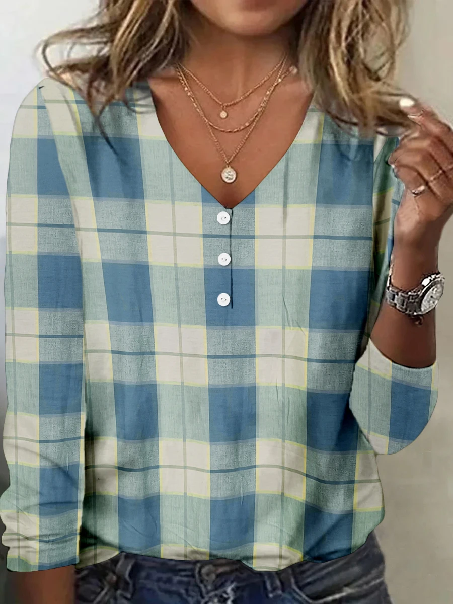 Plus Size Women Plaid Blouses Long Sleeve V-Neck Button Tops Casual Shirts Female Checkered Pullover Fashion  Autumn Clothes