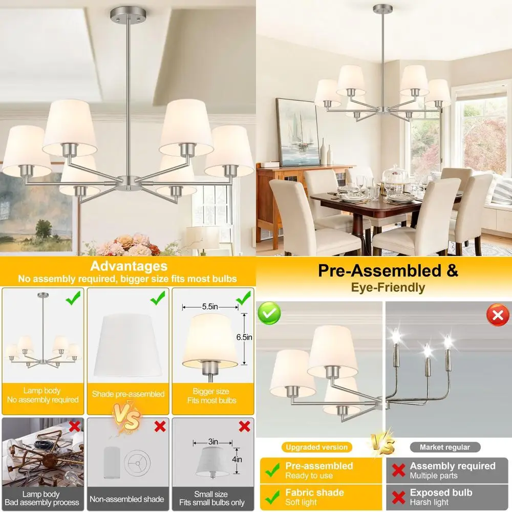 

6-ламповая люстра для столовой из матового никеля с белыми тканевыми плафонами, простая установка, лампочки в комплект не входят.