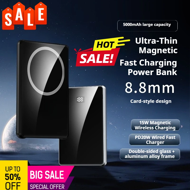 

New magnetic wireless power bank ultra-thin magnetic wireless charging mobile power bank with back clip battery digital display